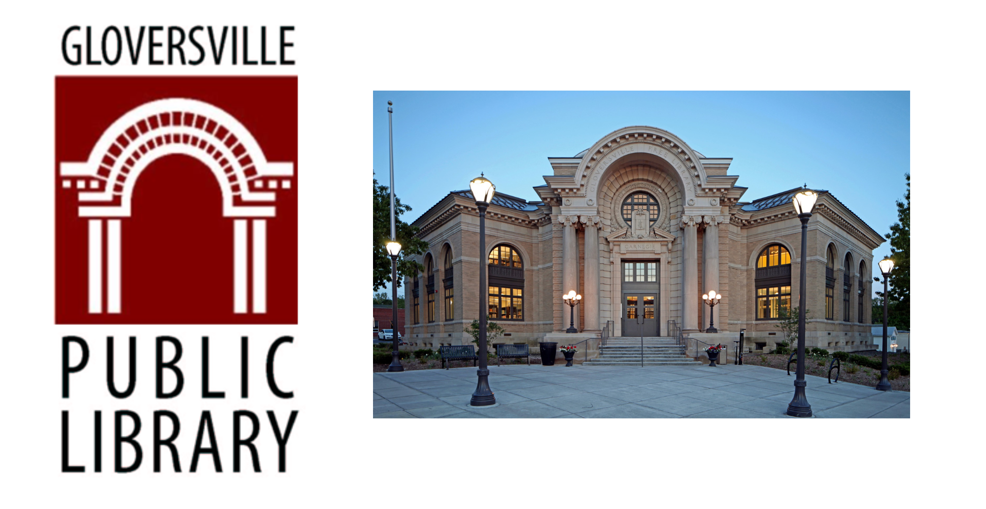 Gloversville Public Library logo followed by picture of the front of the Gloversville Public Library building