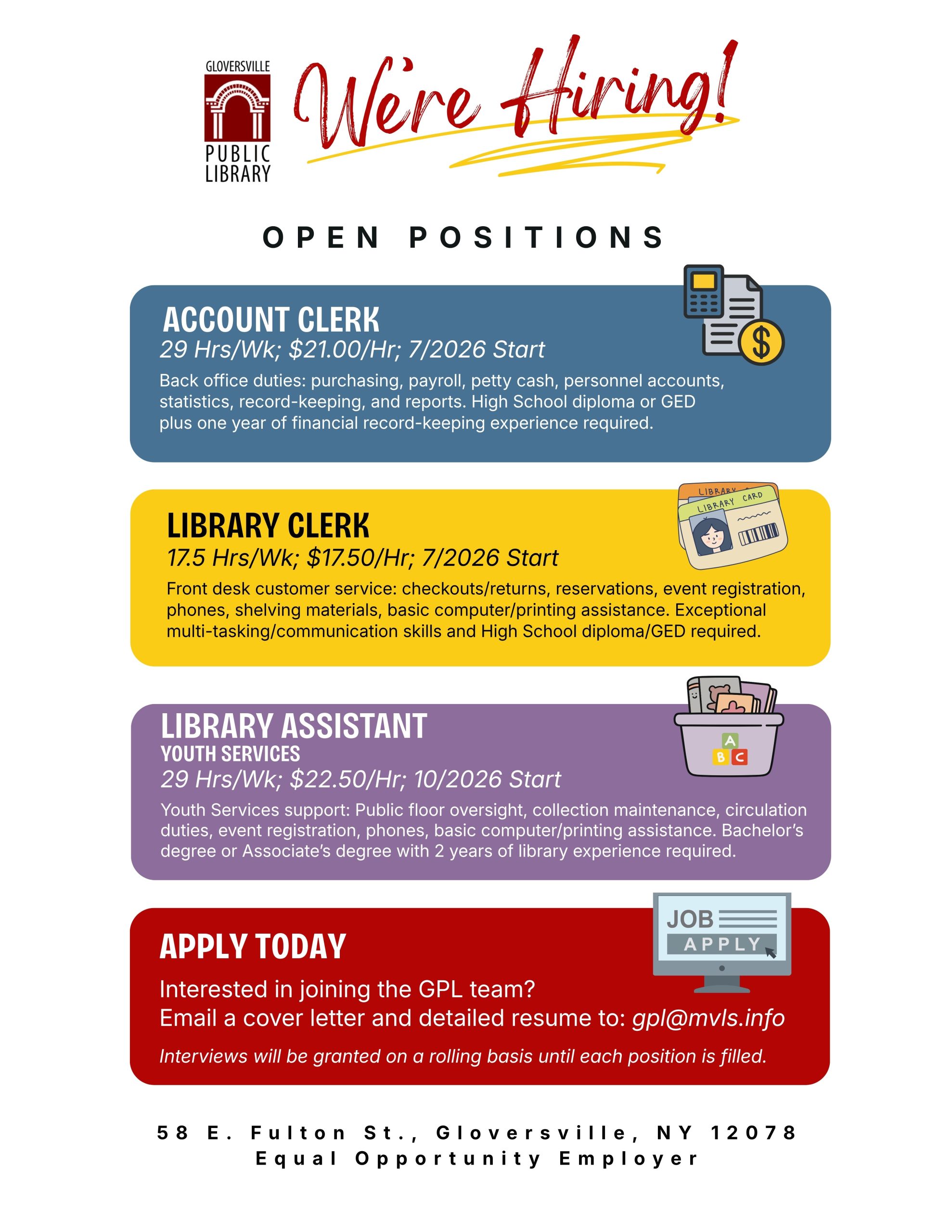 Graphic showing open positions at GPL: Account Clerk, Library Clerk, and Library Assistant: Youth Services. Applicants are directed to email a cover letter and detailed resume to: gpl@mvls.info